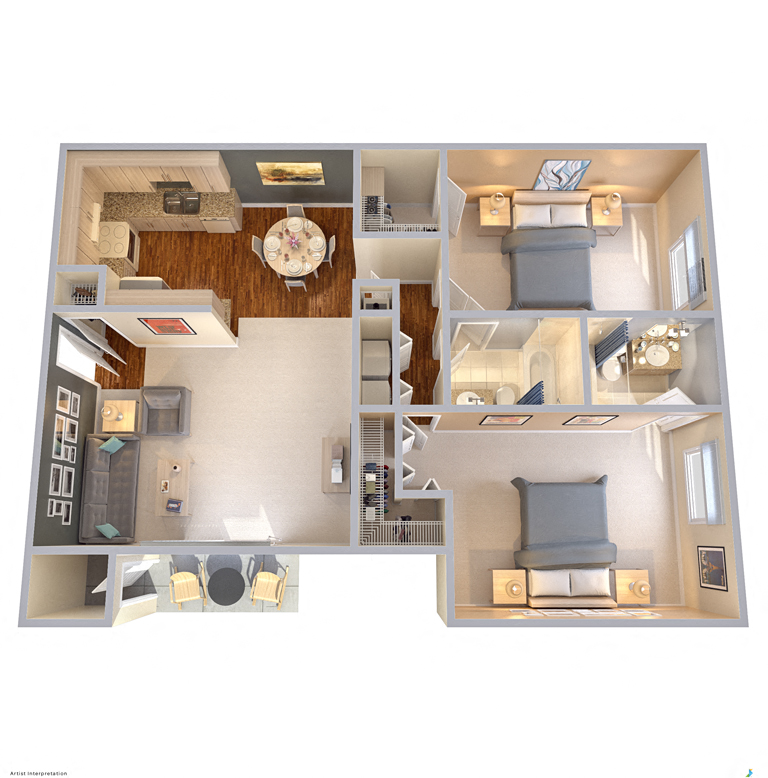 Floor plan for 2 beds, 2 baths, 952 sqft